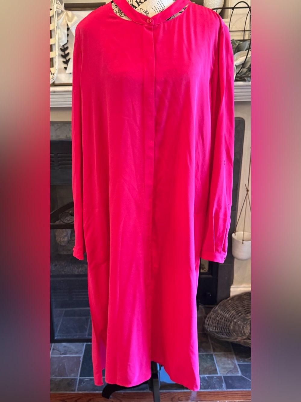 Go Silk Pink Fushia Hidden Button Down Shirt Dress Long Roll Tab Sleeves Large